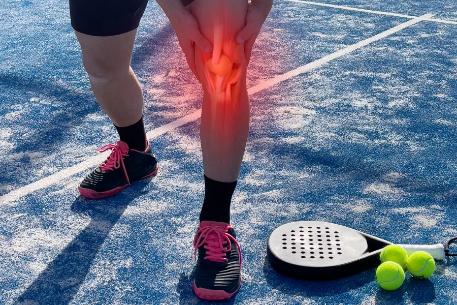 Athlete getting injured playing sports, performing a warm-up stretch outdoors.